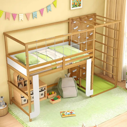 Twin Bunk Bed with Jungle Gym Wooden Loft Bed with Climbing Ladder-Natural - Natural - Bunk Bed Frame