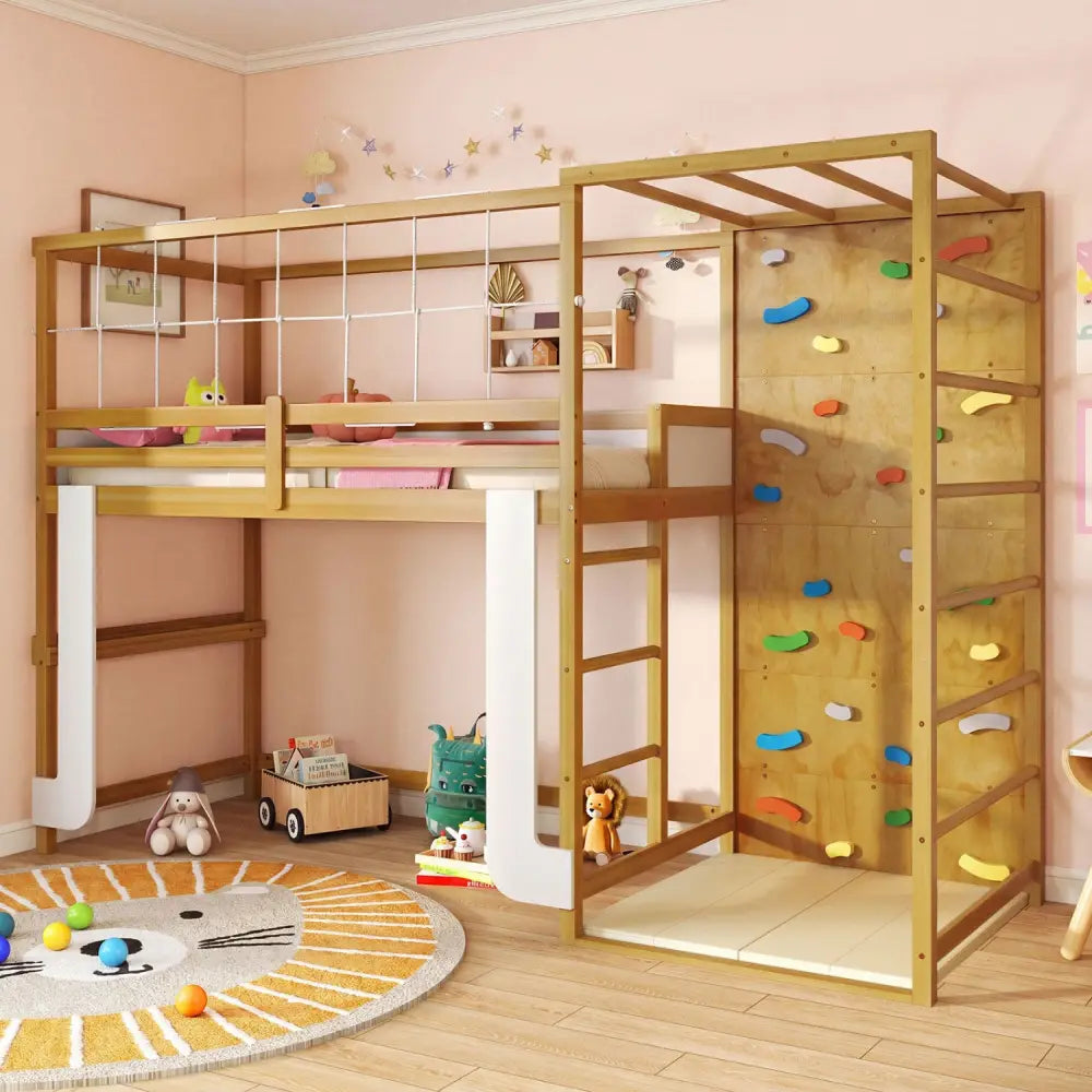 Twin Bunk Bed with Jungle Gym Wooden Loft Bed with Climbing Ladder-Natural - Natural - Bunk Bed Frame