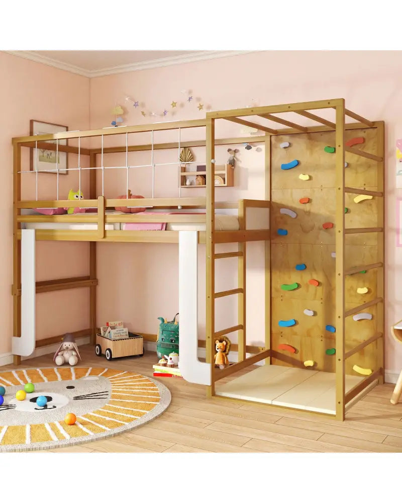 Twin Bunk Bed with Jungle Gym Wooden Loft Bed with Climbing Ladder-Natural - Natural - Bunk Bed Frame