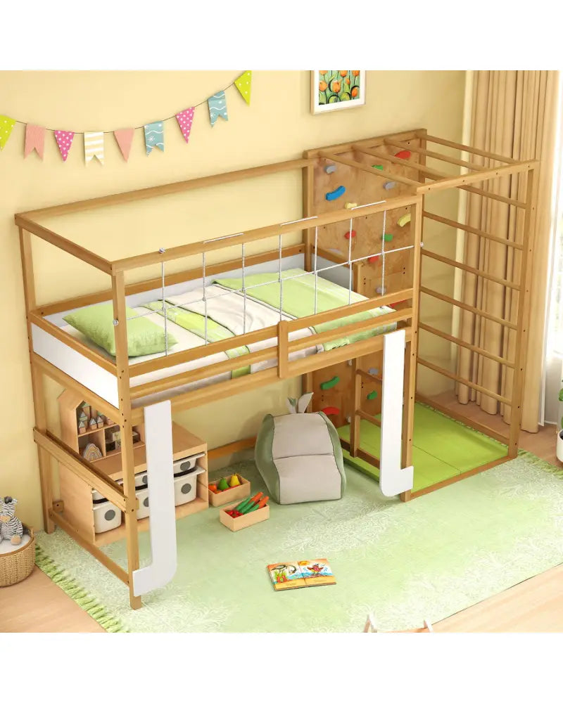 Twin Bunk Bed with Jungle Gym Wooden Loft Bed with Climbing Ladder-Natural - Natural - Bunk Bed Frame