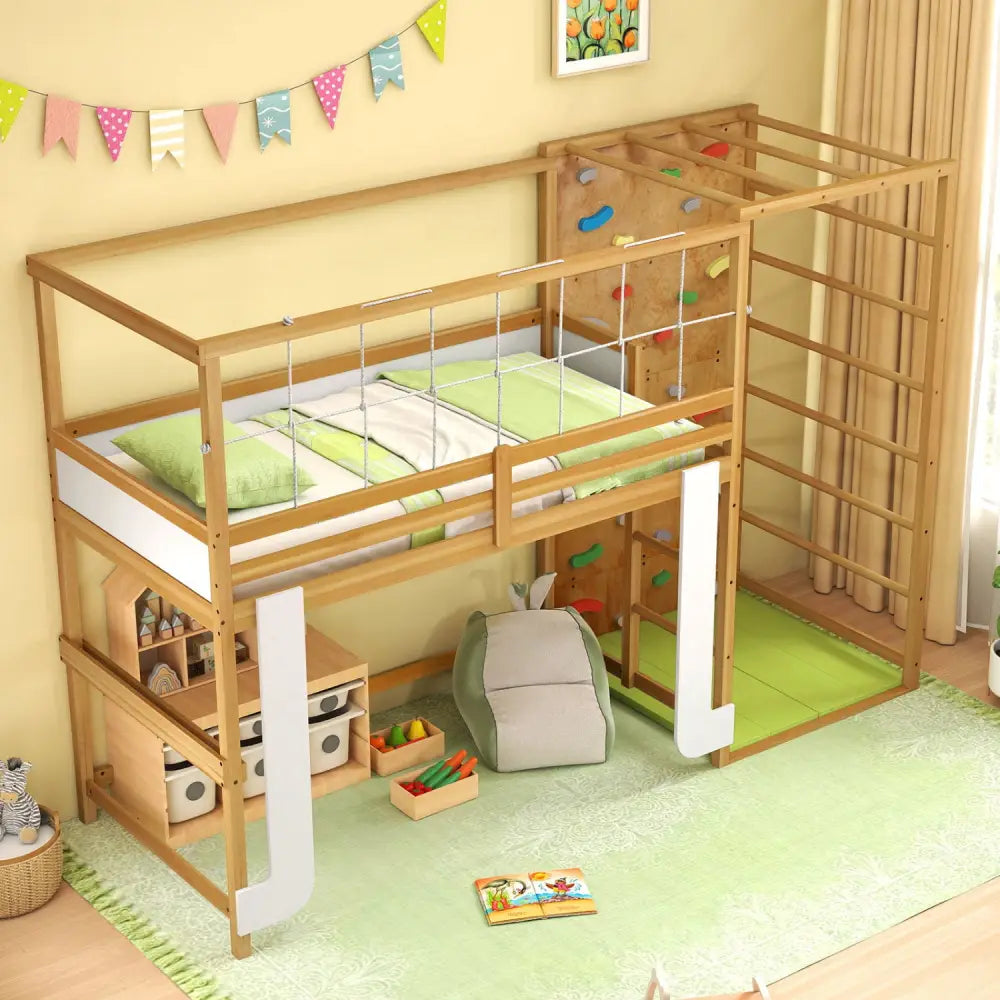 Twin Bunk Bed with Jungle Gym Wooden Loft Bed with Climbing Ladder-Natural - Natural - Bunk Bed Frame