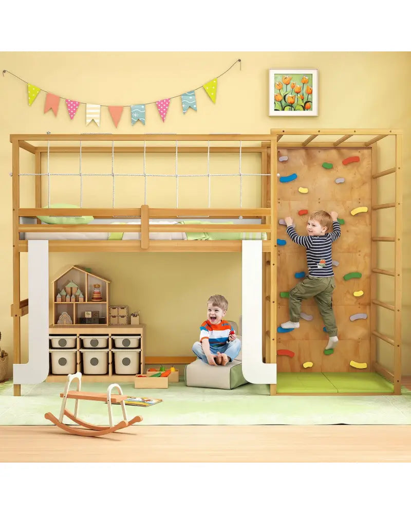 Twin Bunk Bed with Jungle Gym Wooden Loft Bed with Climbing Ladder-Natural - Natural - Bunk Bed Frame