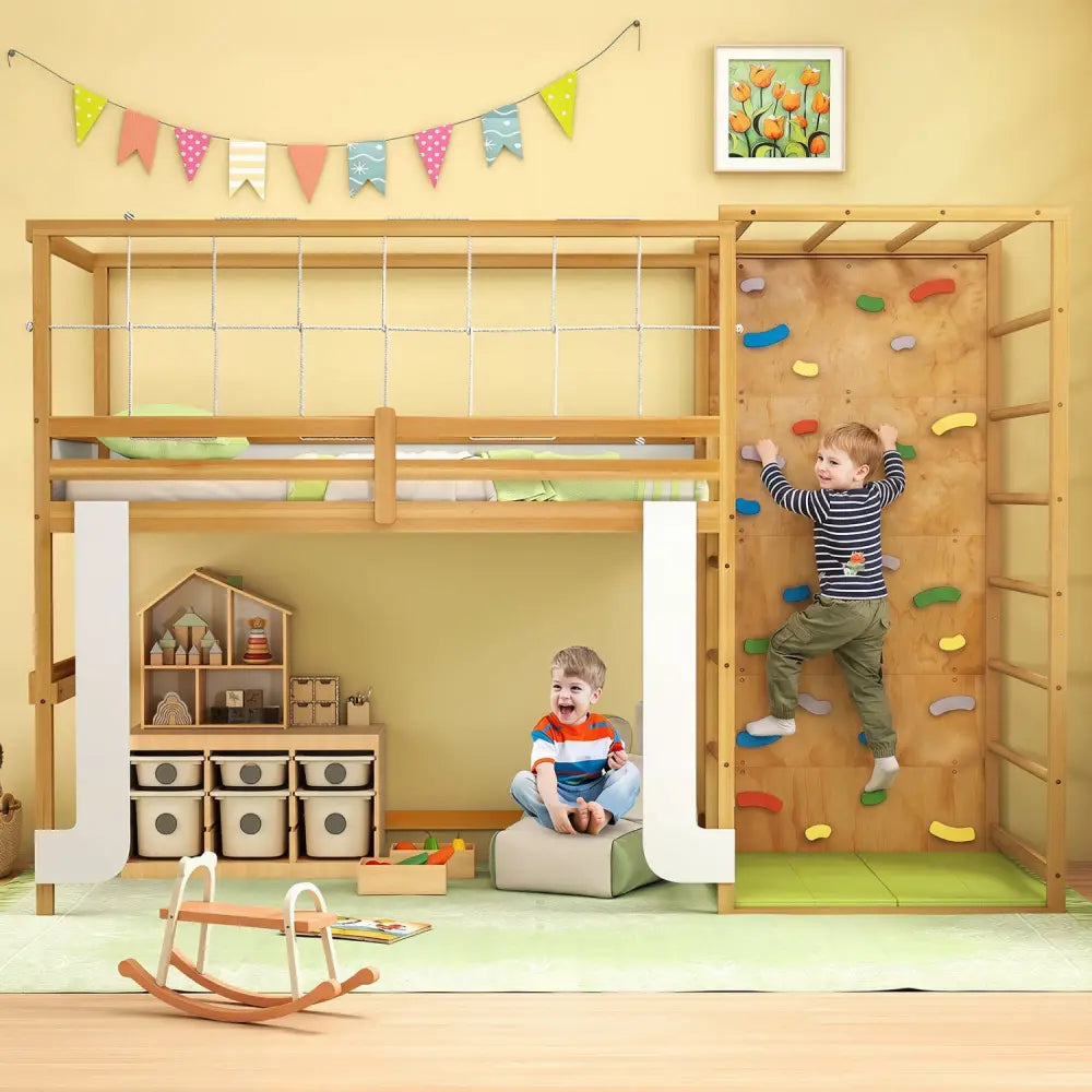 Twin Bunk Bed with Jungle Gym Wooden Loft Bed with Climbing Ladder-Natural - Natural - Bunk Bed Frame