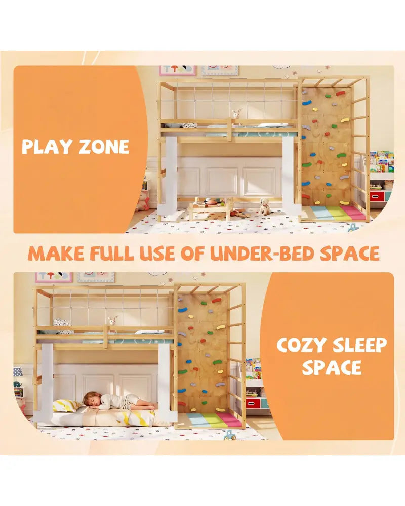 Twin Bunk Bed with Jungle Gym Wooden Loft Bed with Climbing Ladder-Natural - Natural - Bunk Bed Frame