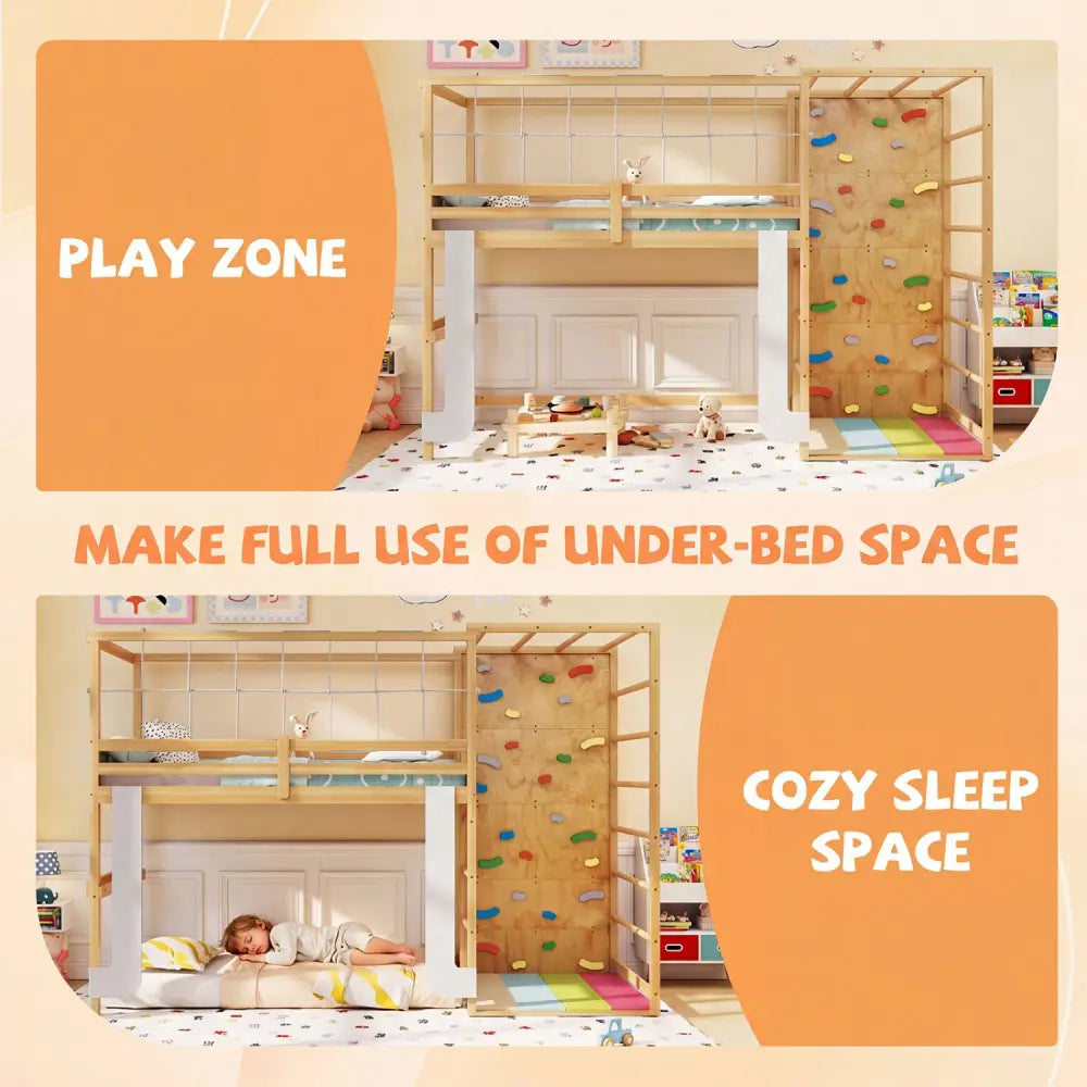 Twin Bunk Bed with Jungle Gym Wooden Loft Bed with Climbing Ladder-Natural - Natural - Bunk Bed Frame