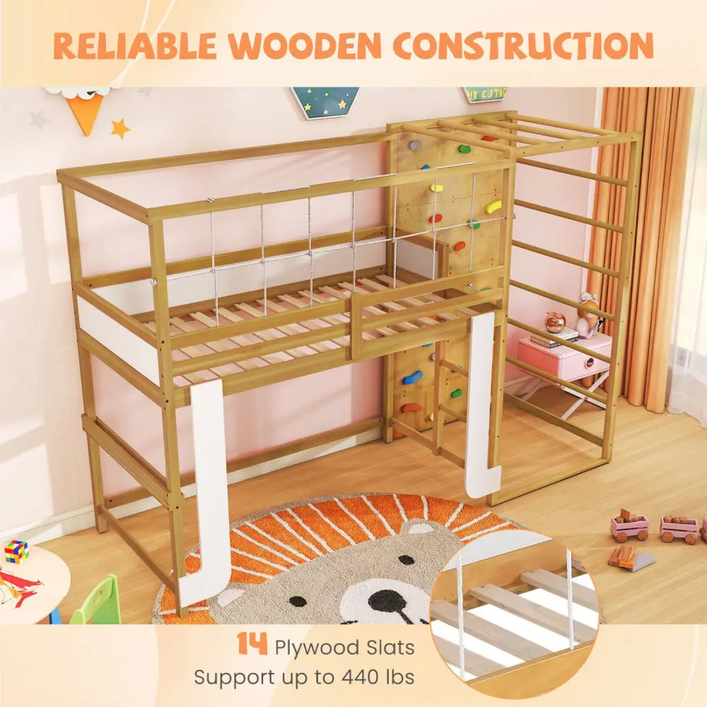 Twin Bunk Bed with Jungle Gym Wooden Loft Bed with Climbing Ladder-Natural - Natural - Bunk Bed Frame