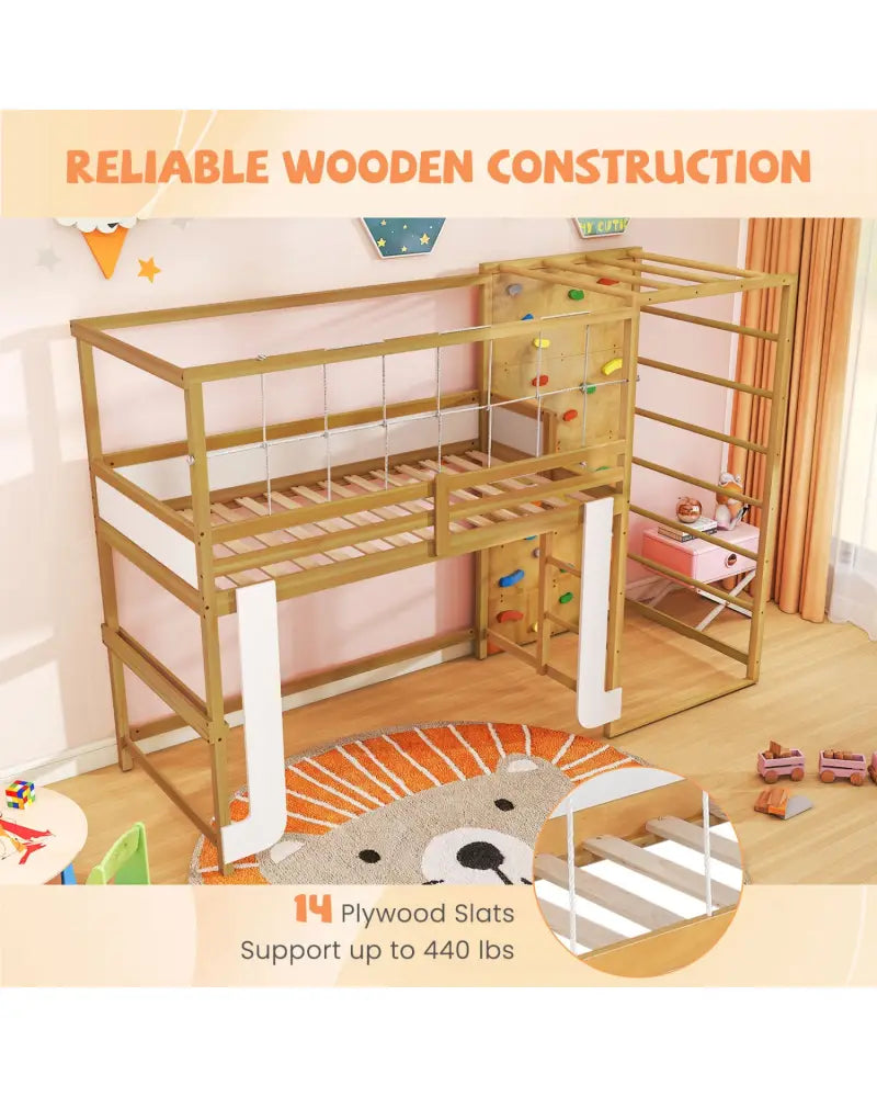Twin Bunk Bed with Jungle Gym Wooden Loft Bed with Climbing Ladder-Natural - Natural - Bunk Bed Frame