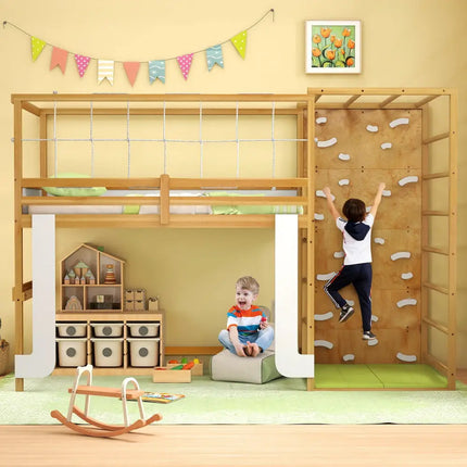 Twin Bunk Bed with Jungle Gym Wooden Loft Bed with Climbing Ladder-Natural - Natural - Bunk Bed Frame