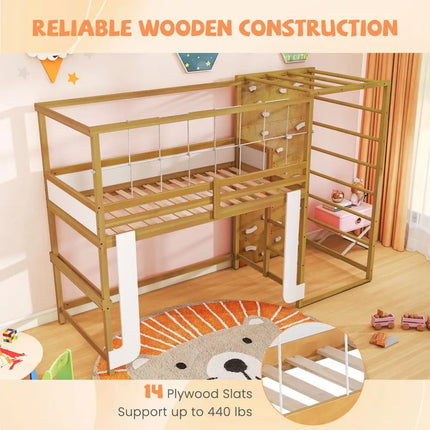 Twin Bunk Bed with Jungle Gym Wooden Loft Bed with Climbing Ladder-Natural - Natural - Bunk Bed Frame