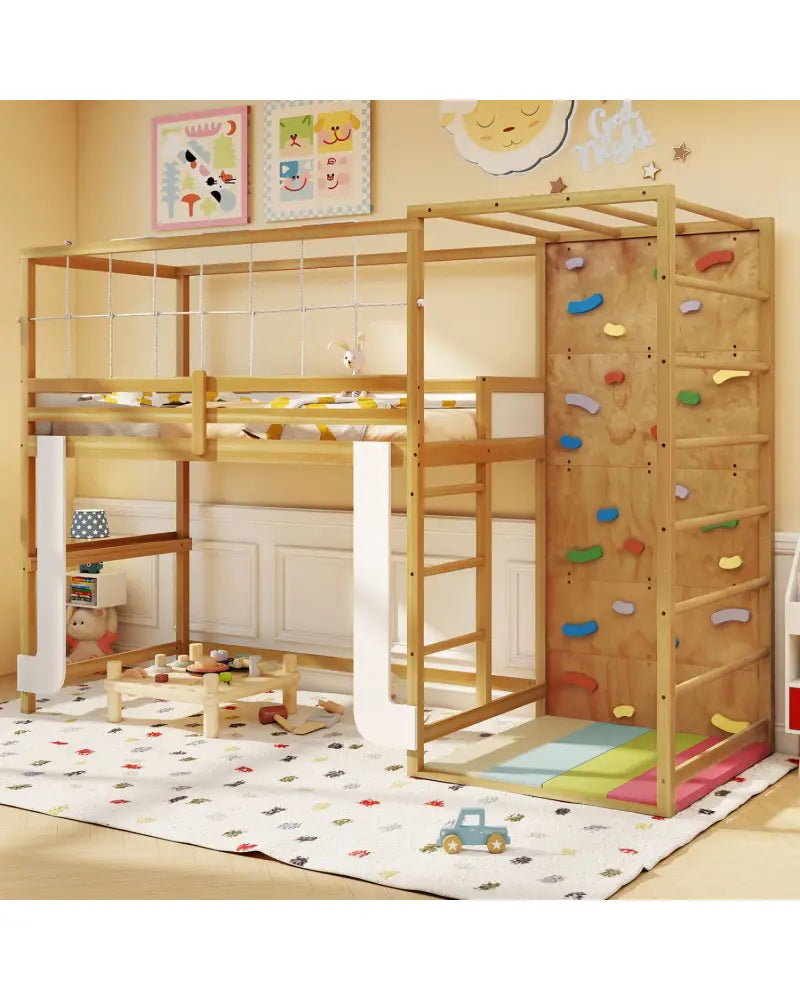 Twin Bunk Bed with Jungle Gym Wooden Loft Bed with Climbing Ladder-Natural - Natural - Bunk Bed Frame