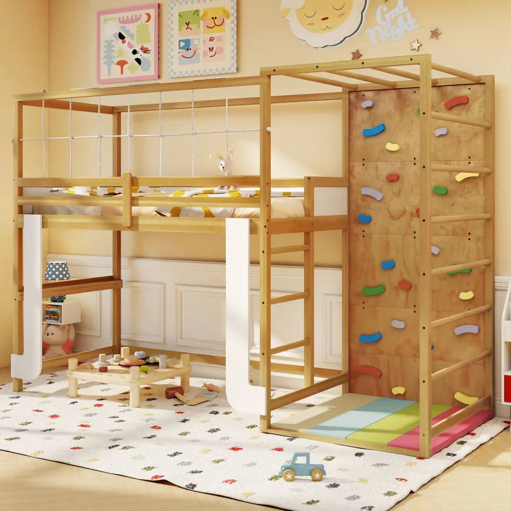 Twin Bunk Bed with Jungle Gym Wooden Loft Bed with Climbing Ladder-Natural - Natural - Bunk Bed Frame
