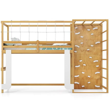 Twin Bunk Bed with Jungle Gym Wooden Loft Bed with Climbing Ladder-Natural - Natural - Bunk Bed Frame