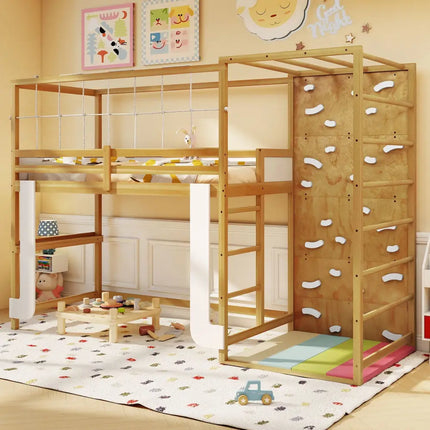 Twin Bunk Bed with Jungle Gym Wooden Loft Bed with Climbing Ladder-Natural - Natural - Bunk Bed Frame