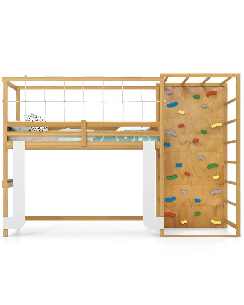 Twin Bunk Bed with Jungle Gym Wooden Loft Bed with Climbing Ladder-Natural - Natural - Bunk Bed Frame