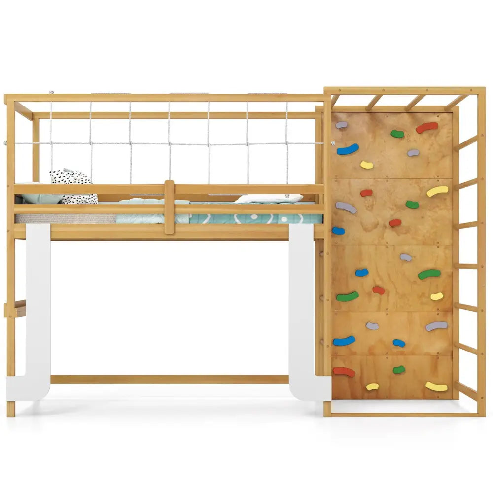 Twin Bunk Bed with Jungle Gym Wooden Loft Bed with Climbing Ladder-Natural - Natural - Bunk Bed Frame