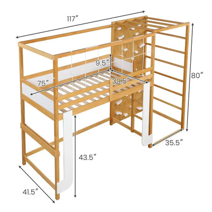 Twin Bunk Bed with Jungle Gym Wooden Loft Bed with Climbing Ladder-Natural - Natural - Bunk Bed Frame