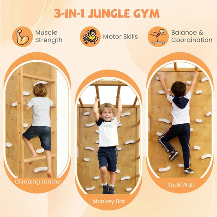 Twin Bunk Bed with Jungle Gym Wooden Loft Bed with Climbing Ladder-Natural - Natural - Bunk Bed Frame