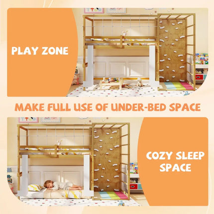 Twin Bunk Bed with Jungle Gym Wooden Loft Bed with Climbing Ladder-Natural - Natural - Bunk Bed Frame