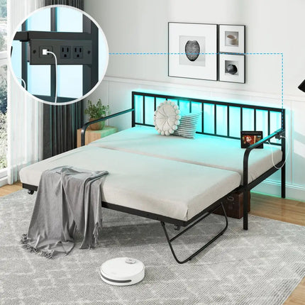 Twin Daybed with Charging Station and LED Lights-Black - Black - Trundle Bed Frame