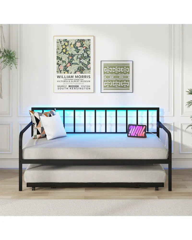 Twin Daybed with Charging Station and LED Lights-Black - Black - Trundle Bed Frame