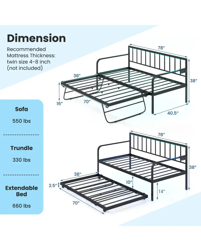 Twin Daybed with Charging Station and LED Lights-Black - Black - Trundle Bed Frame