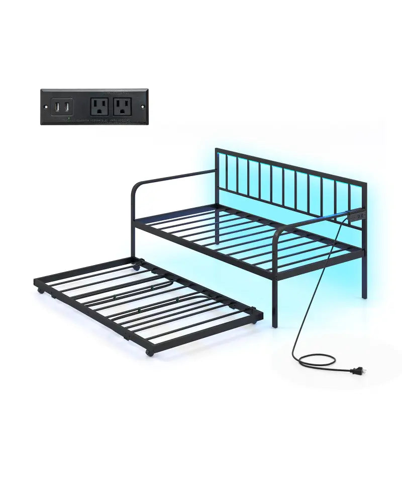 Twin Daybed with Charging Station and LED Lights-Black - Black - Trundle Bed Frame