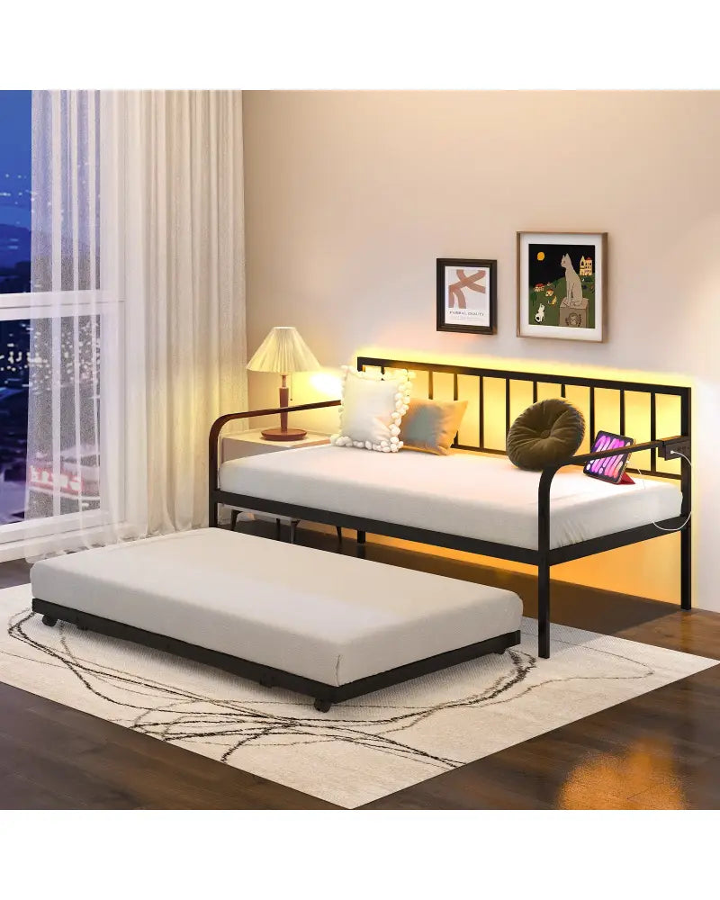 Twin Daybed with Charging Station and LED Lights-Black - Black - Trundle Bed Frame