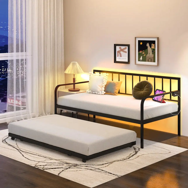 Twin Daybed with Charging Station and LED Lights-Black - Black - Trundle Bed Frame