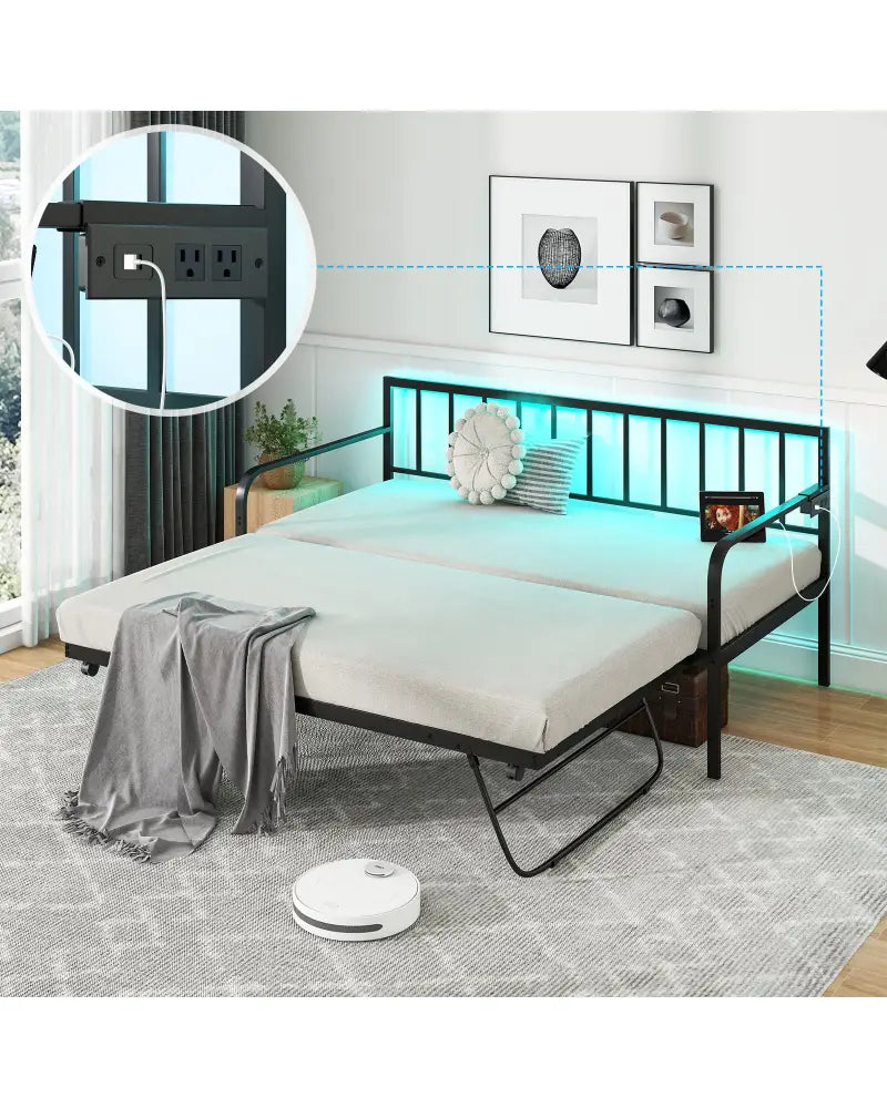 Twin Daybed with Charging Station and LED Lights-Black - Black - Trundle Bed Frame