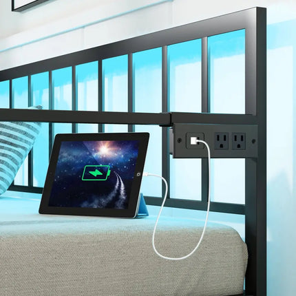 Twin Daybed with Charging Station and LED Lights-Black - Black - Trundle Bed Frame