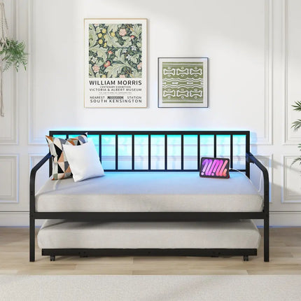 Twin Daybed with Charging Station and LED Lights-Black - Black - Trundle Bed Frame