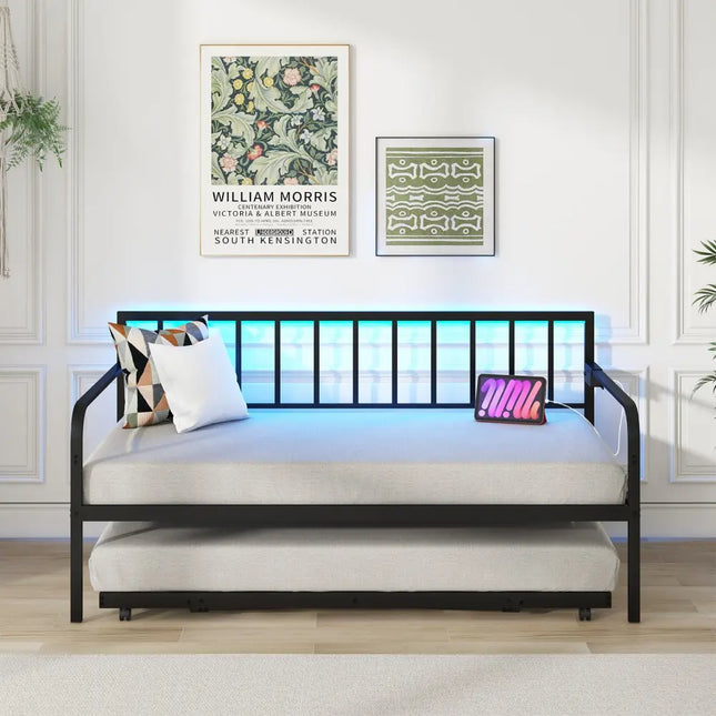 Twin Daybed with Charging Station and LED Lights-Black - Black - Trundle Bed Frame