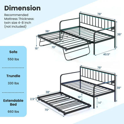 Twin Daybed with Charging Station and LED Lights-Black - Black - Trundle Bed Frame