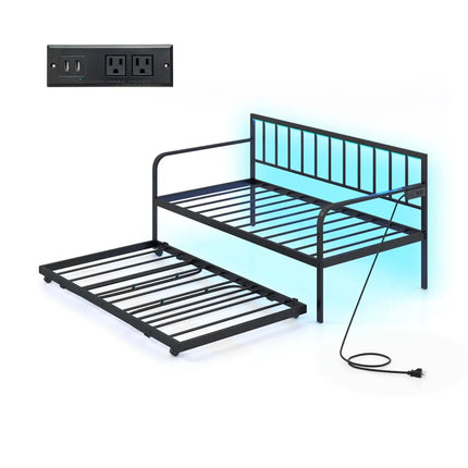 Twin Daybed with Charging Station and LED Lights-Black - Black - Trundle Bed Frame