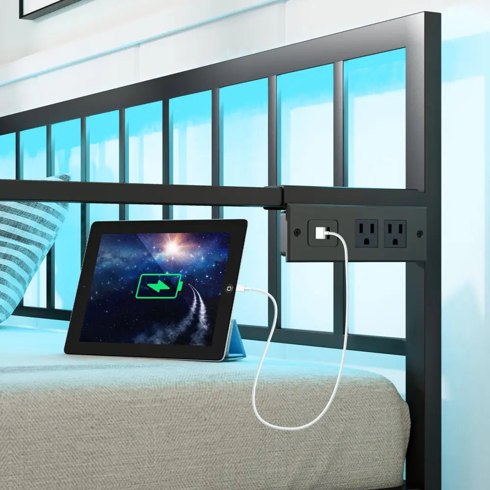 Twin Daybed with Charging Station and LED Lights-Black - Black - Trundle Bed Frame