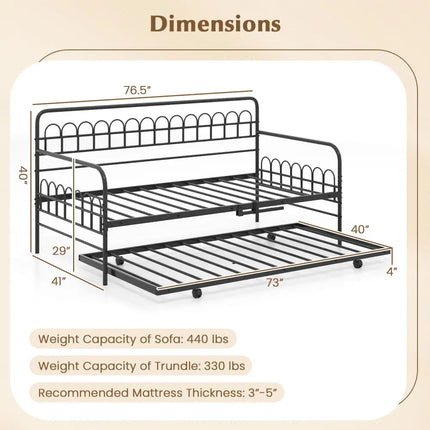 Twin Daybed with Curved Backrest and Armrests-Black - Black - Trundle Bed Frame