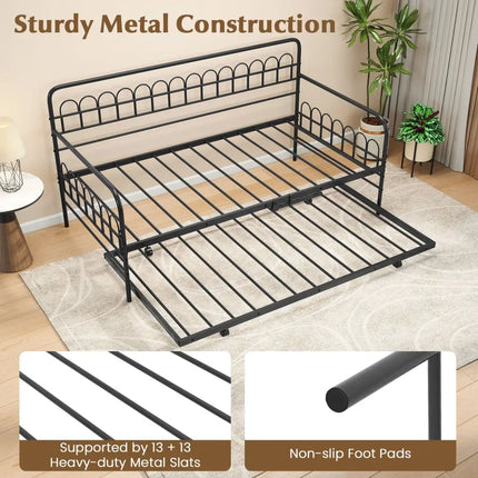 Twin Daybed with Curved Backrest and Armrests-Black - Black - Trundle Bed Frame
