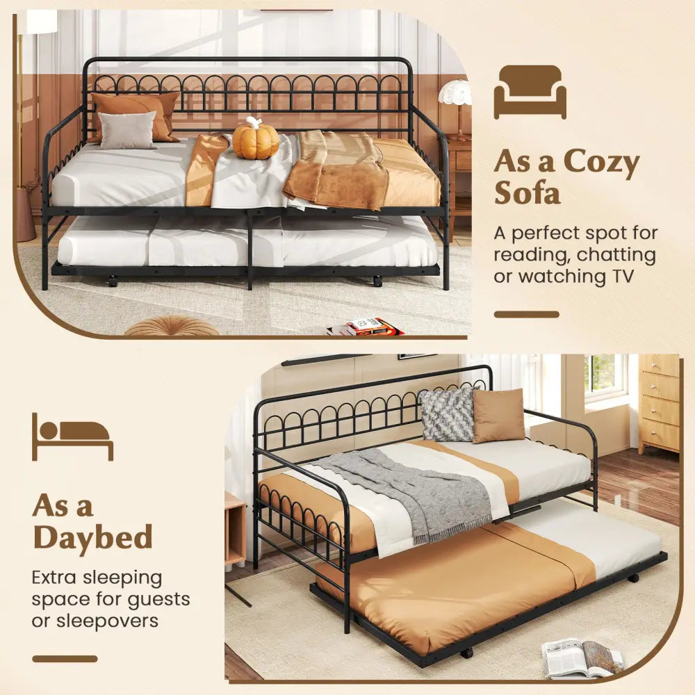 Twin Daybed with Curved Backrest and Armrests-Black - Black - Trundle Bed Frame