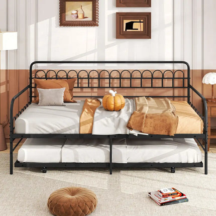 Twin Daybed with Curved Backrest and Armrests-Black - Black - Trundle Bed Frame