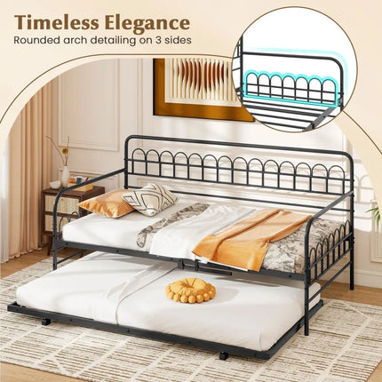 Twin Daybed with Curved Backrest and Armrests-Black - Black - Trundle Bed Frame