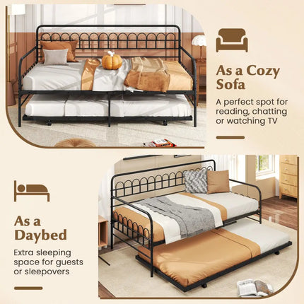 Twin Daybed with Curved Backrest and Armrests-Black - Black - Trundle Bed Frame