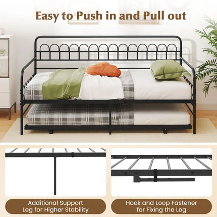Twin Daybed with Curved Backrest and Armrests-Black - Black - Trundle Bed Frame