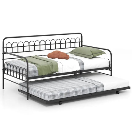 Twin Daybed with Curved Backrest and Armrests-Black - Black - Trundle Bed Frame