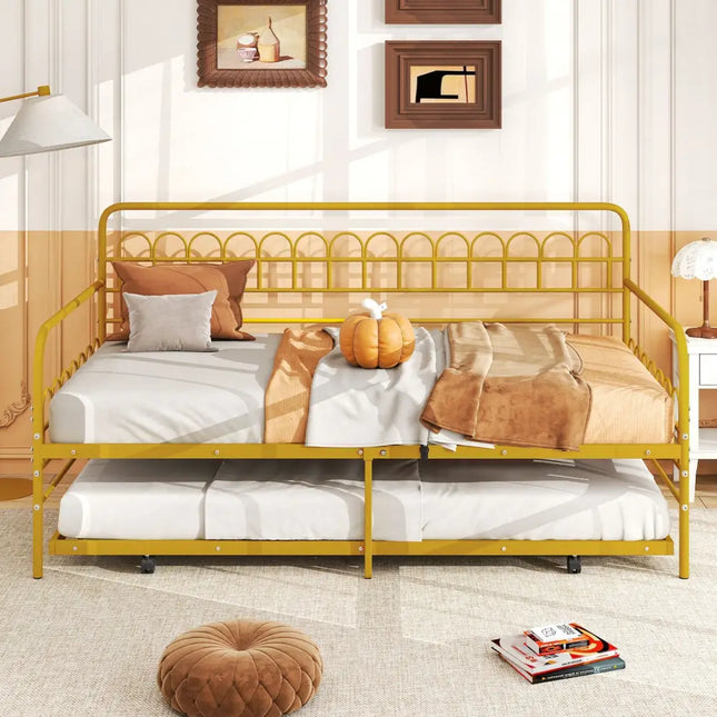 Twin Daybed with Curved Backrest and Armrests-Gold - Gold - Trundle Bed Frame