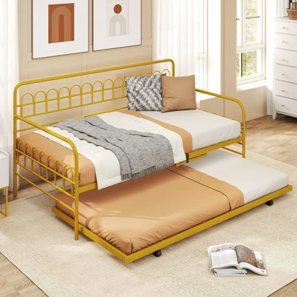 Twin Daybed with Curved Backrest and Armrests-Gold - Gold - Trundle Bed Frame