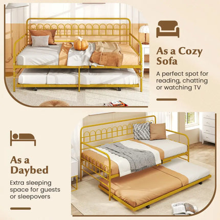 Twin Daybed with Curved Backrest and Armrests-Gold - Gold - Trundle Bed Frame