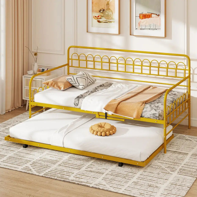 Twin Daybed with Curved Backrest and Armrests-Gold - Gold - Trundle Bed Frame