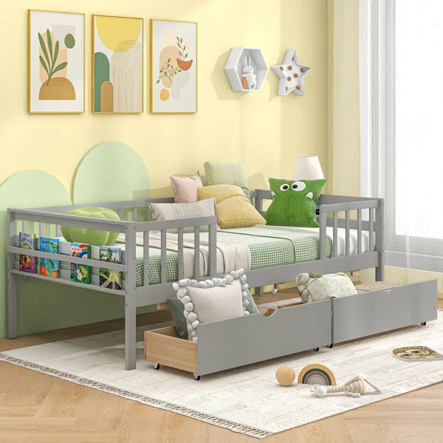 Twin Daybed with Fence and 2 Drawers Kids Bed for Boys & Girls-Gray - Gray - Trundle Bed Frame