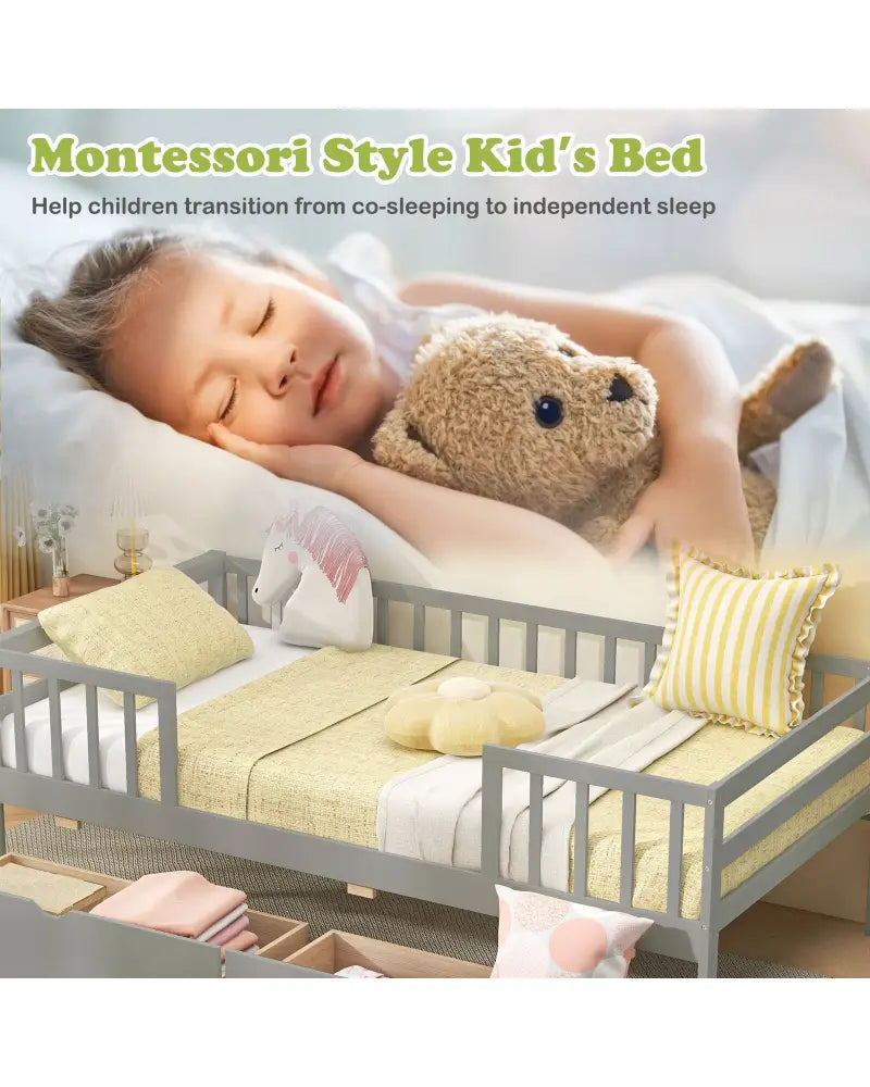 Twin Daybed with Fence and 2 Drawers Kids Bed for Boys & Girls-Gray - Gray - Trundle Bed Frame
