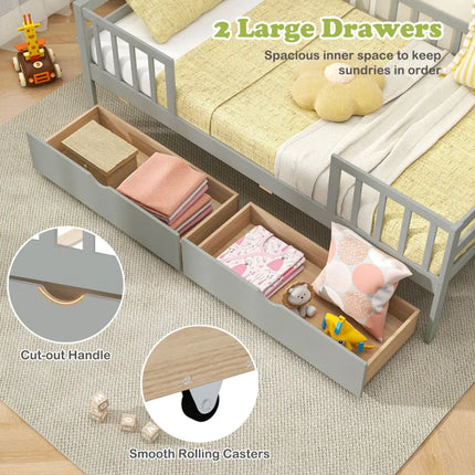 Twin Daybed with Fence and 2 Drawers Kids Bed for Boys & Girls-Gray - Gray - Trundle Bed Frame